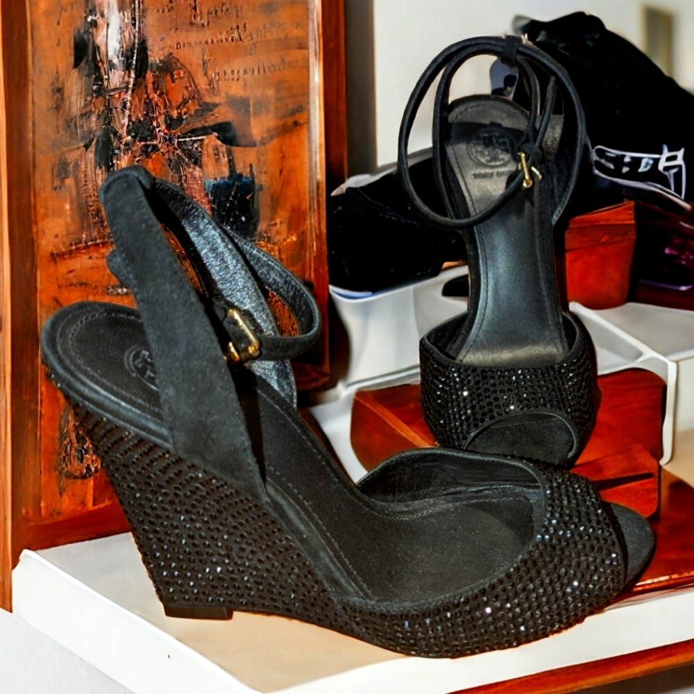 Tory Burch Black Lila Heels, Formal Wedge Sandals with Black Rhinestone, SZ 7.5M